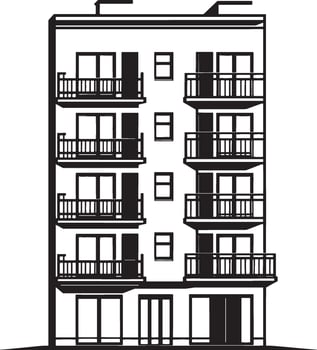 a black and white drawing of a building with balconies vector