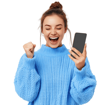 Young Woman in Blue Sweater Celebrating Success with a Fist Pump Against Transparent Background for Achievement Graphics, Motivation-Themed Designs, or Business Promotions png