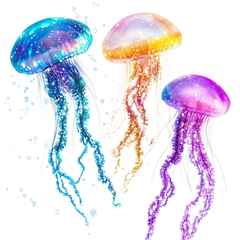 Vibrant Jellyfish Trio Underwater Ocean Against Transparent Background for Marine-Themed Designs, Aquarium Branding, or Ocean Conservation Promotions png