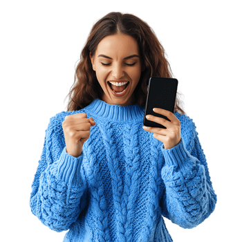 Young Woman in Blue Sweater Celebrating Success with a Fist Pump Against Transparent Background for Achievement Graphics, Motivation-Themed Designs, Business Promotions png