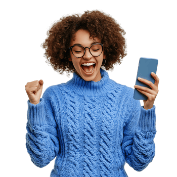 Young Woman, in Blue Sweater Celebrating Success with a Fist Pump Against Transparent Background for Achievement Graphics, Motivation-Themed Designs, or Business Promotions png