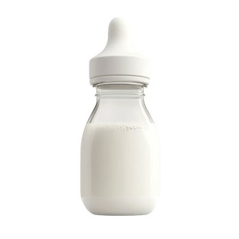 Glass baby bottle filled with milk for infant feeding png