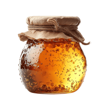 Glass jar filled with golden honey and tiny air bubbles is sealed with a rustic cloth lid for a sweet natural treat png