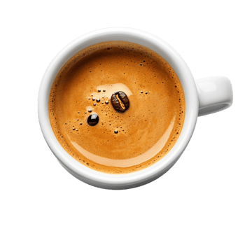 Steaming cup of espresso with a rich golden crema and floating coffee beans offers a strong and aromatic boost making it a favorite drink for coffee lovers png