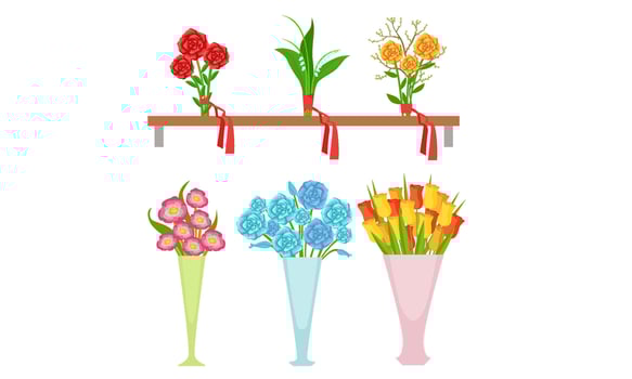 Collection of Beautiful Bouquets on Wooden Shelf and Vases, Flower Shop Design Element Illustration vector