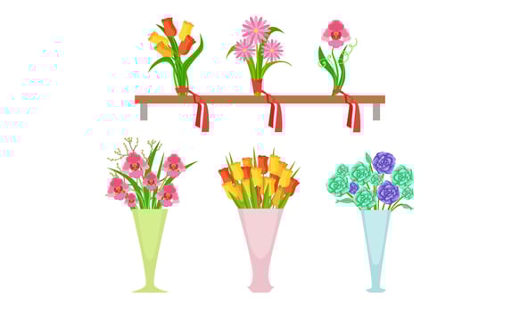 Collection of Beautiful Bouquets on Wooden Shelf and Vases, Flower, Florist Shop Design Element Illustration vector