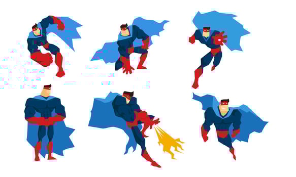 Character Set, Comic Muscular Superhero in Different Action Poses Illustration vector