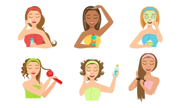 Beautiful Girls Applying Different Facial Masks Set, Young Women Caring for Facial Skin Illustration vector