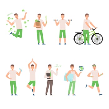 Man in a white shirt and green pants leads a healthy lifestyle. illustration on a white background. vector