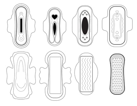 Linear sanitary napkins on isolated white background. Feminine hygienic pads. Personal hygiene elements for menstruation. Different sizes and forms of absorbent pad for woman vector