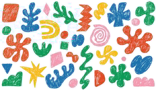 Crayon or charcoal organic shape. Funky abstract geometric shapes drawn. Hand drawn doodle contemporary figures, kid pencil drawings. Naive and primitive fluid shapes, abstract illustrations vector
