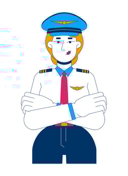 Blonde female pilot in uniform 2D cartoon character. Airline captain caucasian woman standing confidently with arms crossed isolated person flat on white background. Spot illustration colorful vector
