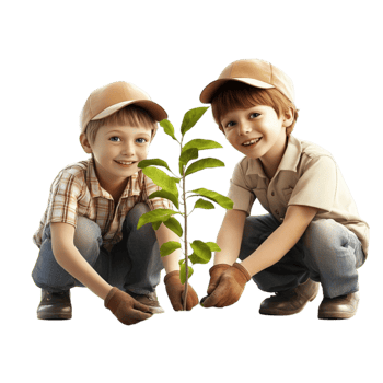 Cartoon Boys Planting a Sapling Together png