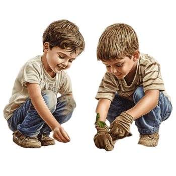 Two Boys Playing with Soil and Growing Plants png