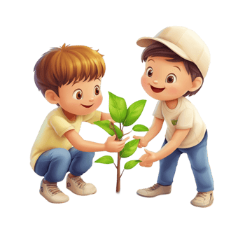 Two Cartoon Boys Planting a Small Tree png