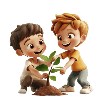Cute Cartoon Boys Planting a Sapling png