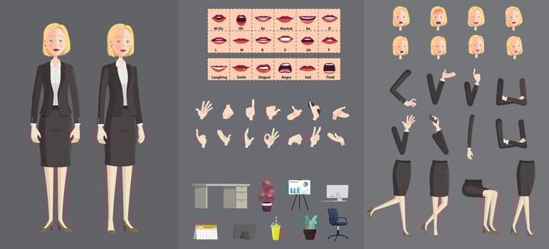 Stylized Businesswoman Character Creation Pack, Cartoon woman Wearing Black Suit with Movable Joints for rigging and Animation, Lip-sync, Hand Gestures, Emotions and Poses, Premium vector