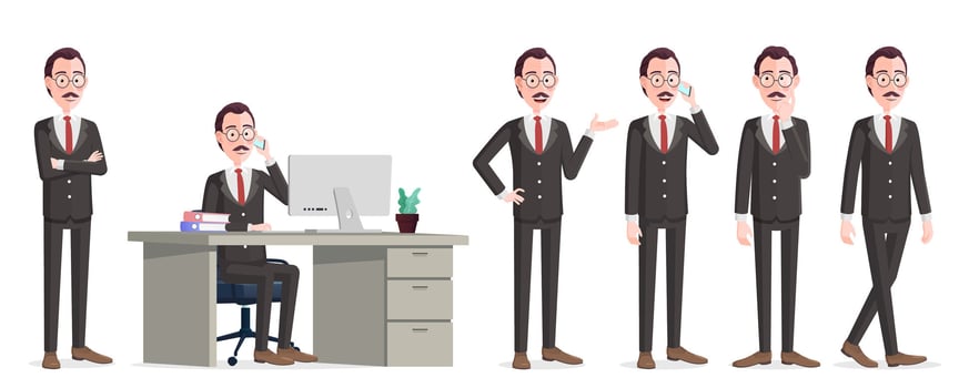 Cartoon Businessman Character in different poses, Sitting on Office Chair, Arms Folded, Thinking, Showing, Walking Premium vector