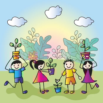 Children planting trees in the garden. vector