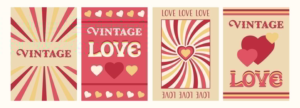 Valentine day vertical posters with hearts, patterns and beams. Vintage text. Background designs, postcards decorations, covers graphics. illustration set. vector
