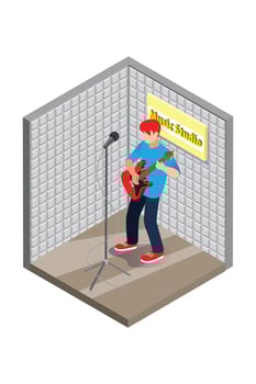 Isometric Studio Music Recording . Soundproof wall in sound studio Man singing into a condenser microphone suitable for graphic asset vector