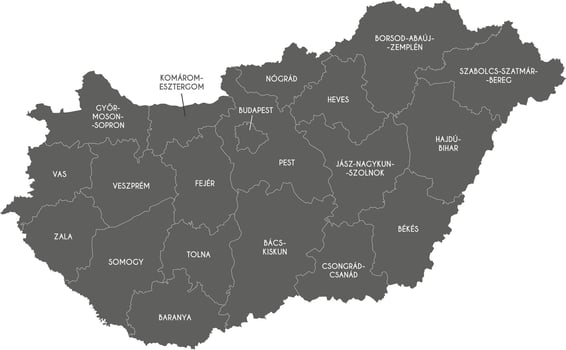 regional black and white map of Hungary with counties or territories and administrative divisions. Editable and clearly labeled layers. vector
