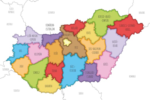 illustrated regional map of Hungary with counties and administrative divisions, and neighbouring countries and territories. Editable and clearly labeled layers. vector