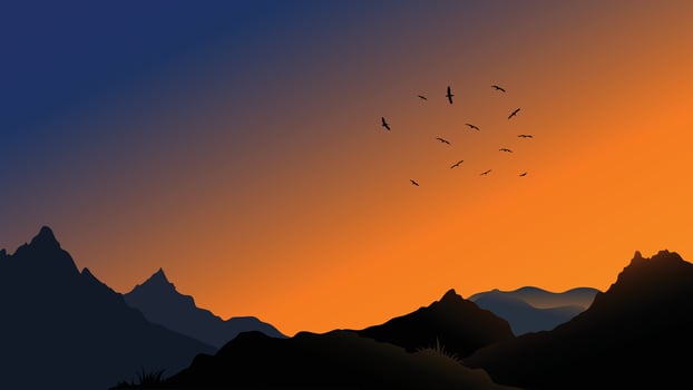 Mountain silhouette at sunset with flying birds in the sky vector
