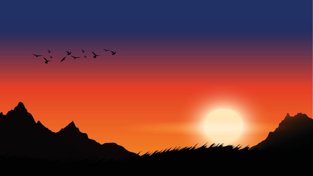 Beautiful sunset over mountains with birds flying across the colorful sky vector