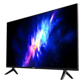Modern Thin Black LED Television with Vibrant Abstract Screen Display png