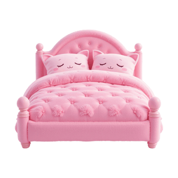 Pink Princess Bed Kawaii Style Tufted Headboard Cat Face Pillows Cute Bedroom Decor png