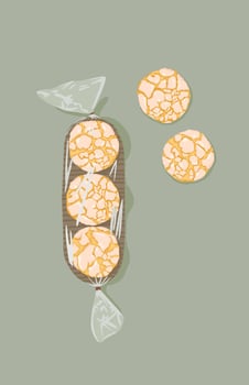 Delicious Baked sugar biscuits wrapped in plastic packaging on dusty green background vector