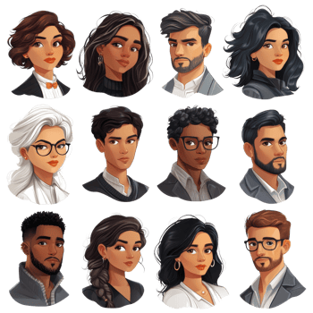 Twelve diverse young adult character portraits png