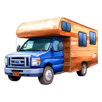 Colorful RV Camper Vehicle with Wood Finish and Blue Details png