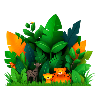 Colorful Jungle Scene with Cute Animals and Lush Greenery png