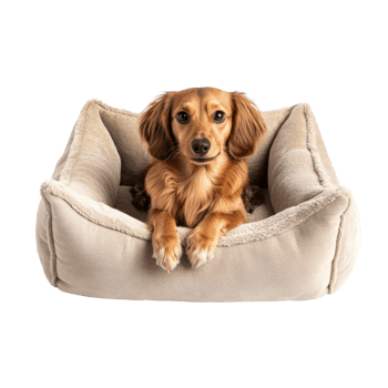 A longhaired dachshund puppy rests in a beige pet bed png