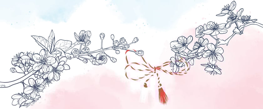 Lineart cherry blossoms branch with red and white Martisor string on pastel watercolor background. vector