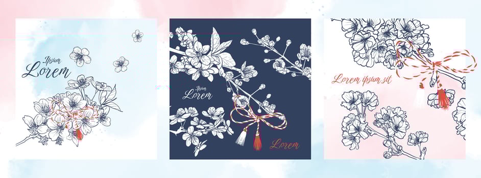 Martisor cherry blossom tree branches with red and white ribbon thread for 1st of March visuals in square format. vector