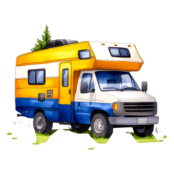 Colorful Vintage Camper Vehicle on Green Grass with Trees png