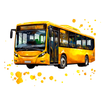 Bright Yellow City Bus Surrounded by Colorful Splash Design png