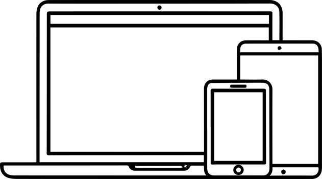A laptop, phone and tablet are shown in a black and white illustration png