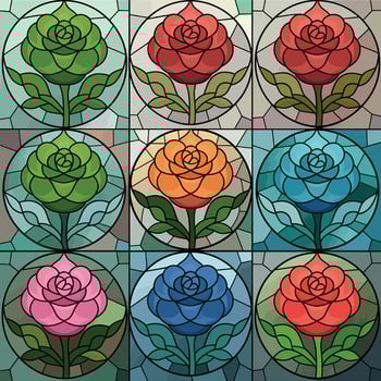 Jewel-Toned Roses in Stained Glass Style on Frosted White Background vector