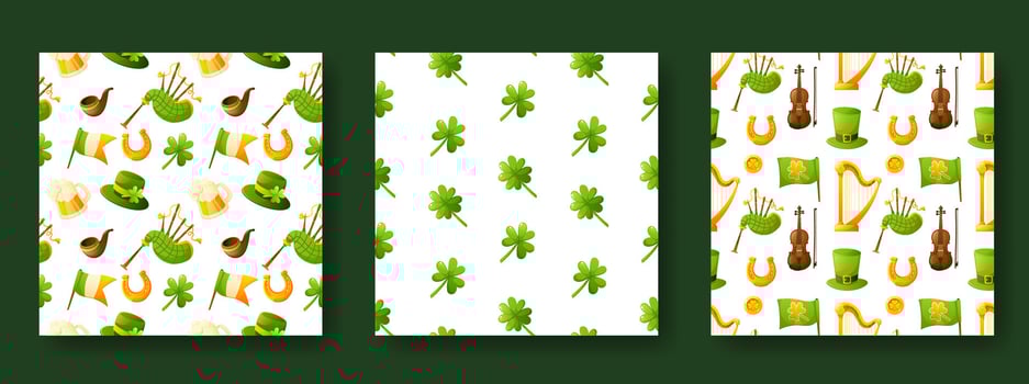 Set of seamless patterns for St Patricks Day on a white background. Pattern with the image of coins, shamrock, clover and leprechaun hat. Festive texture, background vector