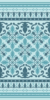 Exquisitely Bright Blue Flowers Embroidery on Qing Royal Color Background. Elaborate Florals Pattern with Scroll Ornament Detailed. Beautiful Border Decoration for Apparel Traditional Fabric Carpet. vector