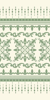 Sense of Luxury and Timeless Elegance Glasshouse Green Jade Color Embroidery on Beige Background Seamless Pattern Lace. Making it perfect for high-end upholstery, drapery, or fashion applications. vector