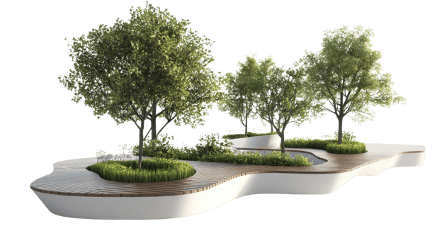 Modern Landscape Design Featuring Trees and Benches png