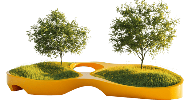 Modern Landscape Design Featuring Two Trees And Yellow Planters png