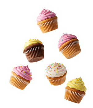 Colorful muffins flying mid-air Playful of brightly colored muffins suspended in mid-air perfect for baking blogs dessert ads or creative food visuals png
