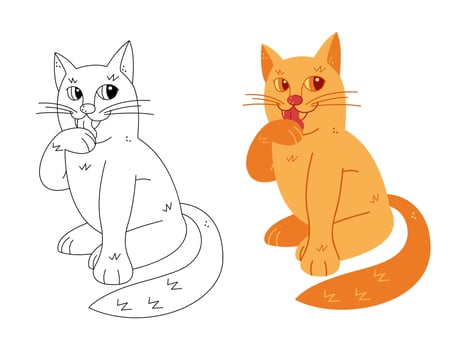 Two cute cats lick their paw. Hand drawn clip art for your project. vector