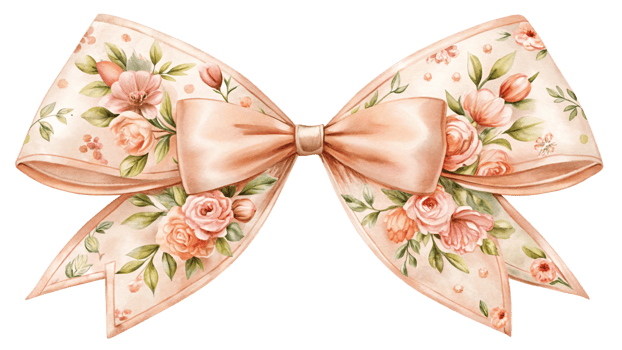Isolated image of a charming bow with a floral ribbon on a transparent background png